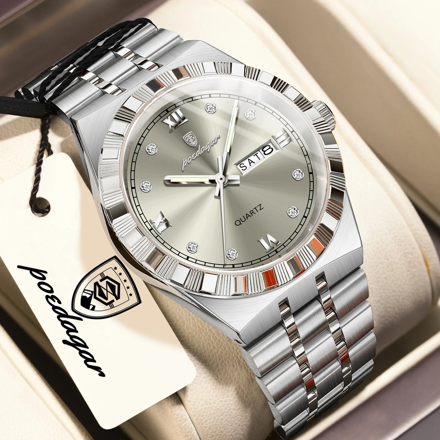 POEDAGAR Business Male Watches Waterproof Luminous Week Date Fashion Men's Wristwatch Stainless Steel Quartz Watch For Men Reloj