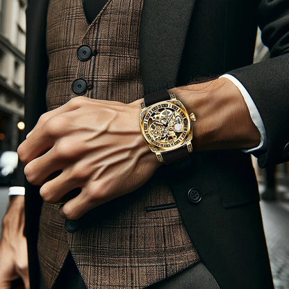 A men's yellow and black casual fashion mechanical watch with exquisite engraved hollow pattern