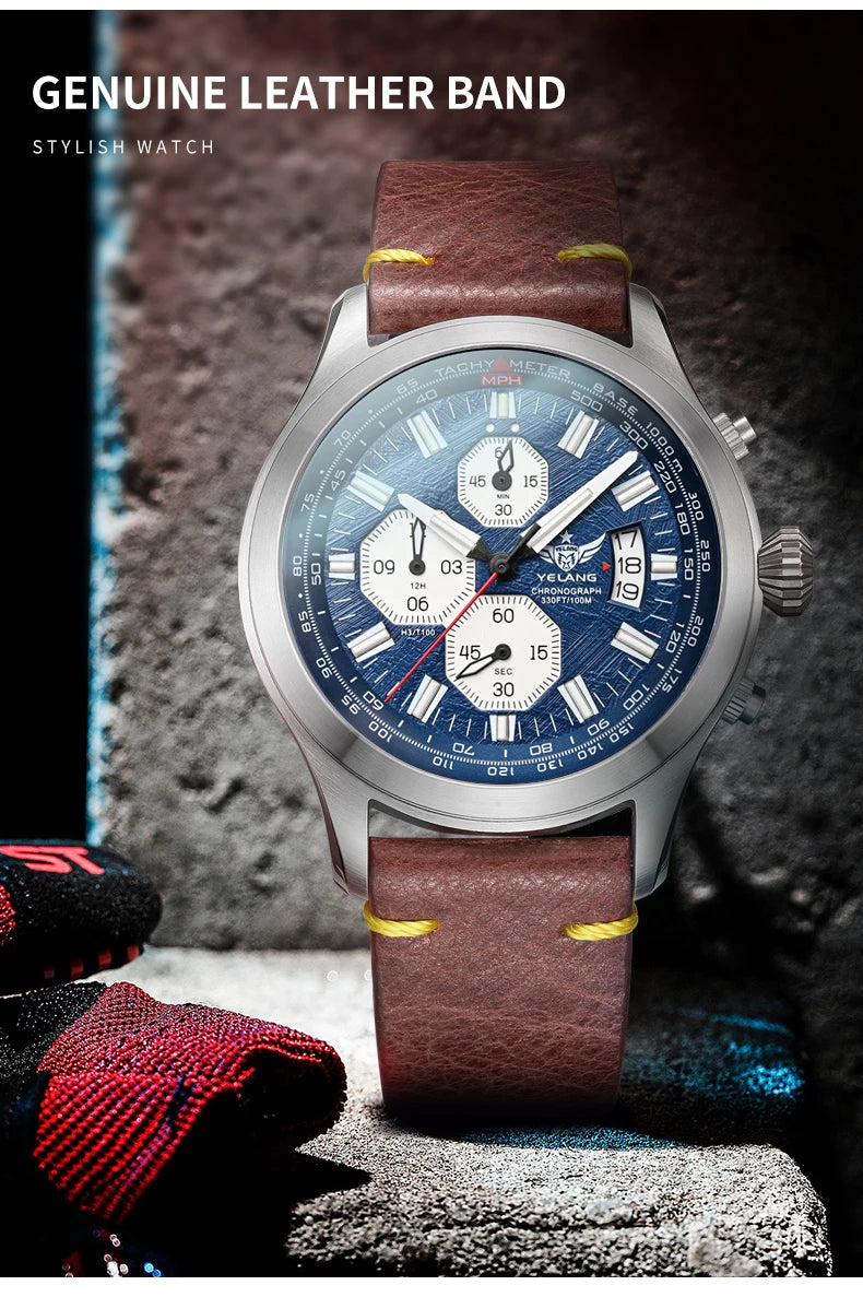 Yelang V1029S Men's Quartz Watch 42mm Japan OS00 Movement Luminous Stainless Steel 10Bar Waterproof Sports Watches