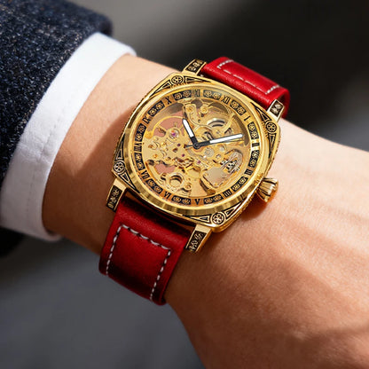 A men's yellow and red casual fashion mechanical watch with finely embossed PU leather