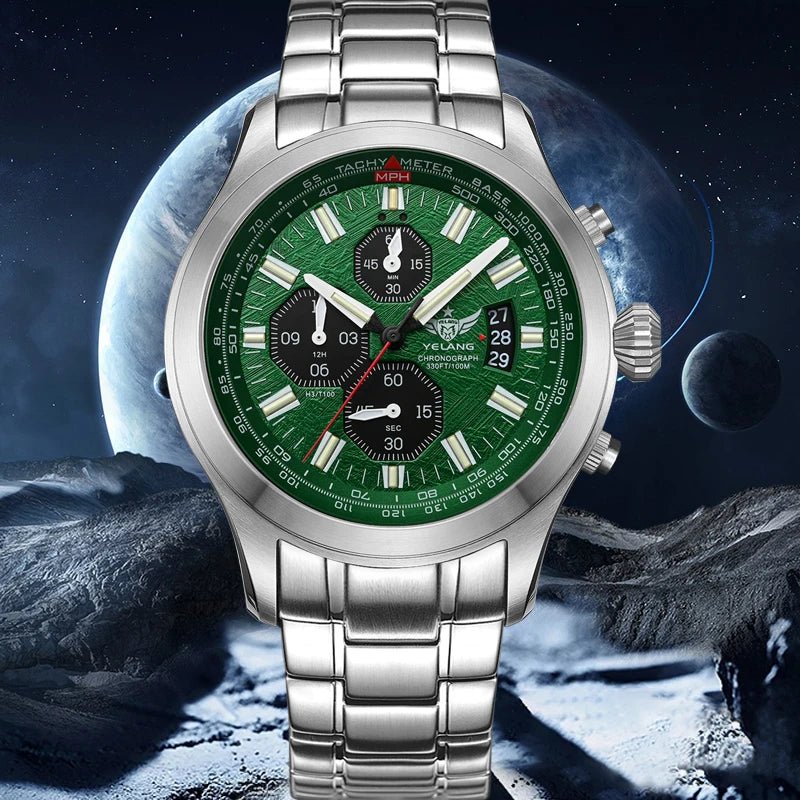 Yelang V1029S Men's Quartz Watch 42mm Japan OS00 Movement Luminous Stainless Steel 10Bar Waterproof Sports Watches