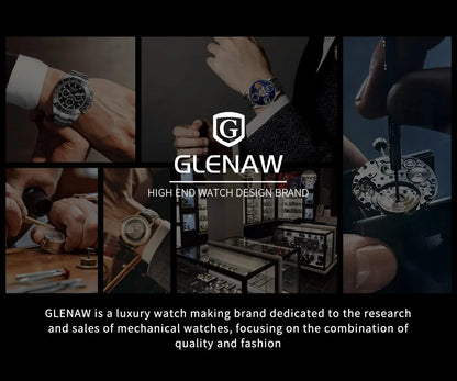 GLENAW NEW Year Month Sunday Multi-functional Mechanical Watch Men luxury Stainless Steel Waterproof Automatic watch steel strip