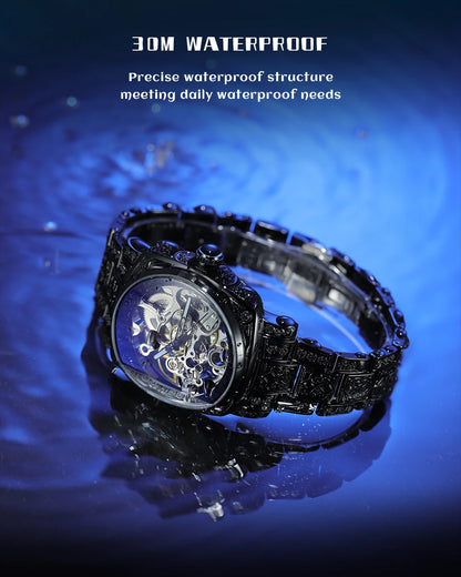 Forsining Gold Square Skeleton Automatic Mechanical Watches Engraved Design Luminous Hands Stainless Steel Strap Retro Men Watch