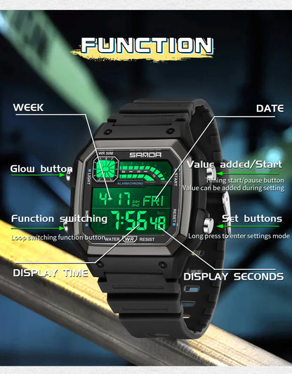SANDA 6196 Student Electronic Watch Night Light Waterproof Sports Men's Lightweight Square Luxury Classic  Electronic Watch