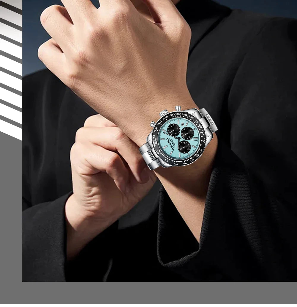 TOPHILL Racing Chronograph Men’s Quartz Watch Panda dial Tachymeter Bezel Sport Wristwatch Stainless Steel 100M Waterproof