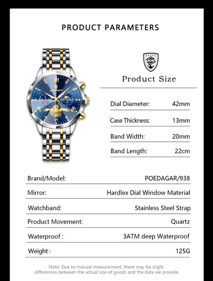 POEDAGAR Exquisite Business Men Watch Waterproof Luminous Chronograph Luxury Man Watches Stainless Steel Men's Quartz Wristwatch