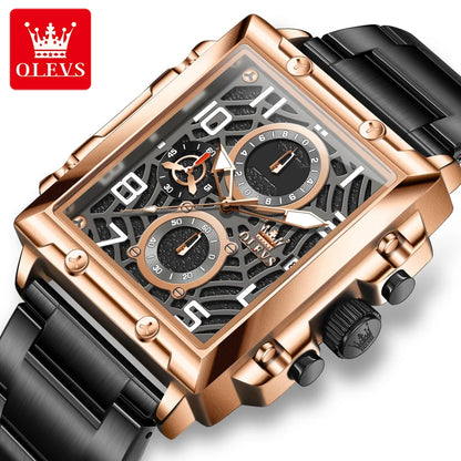 OLEVS Brand Square Multifunctional Quartz Watch for Men Stainless Steel Waterproof Sport Chronograph Mens Watches Reloj Hombre