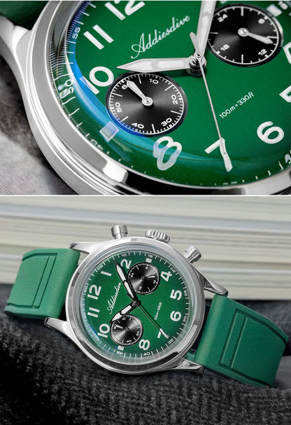 ADDIESDIVE Top Brand Man Watch 10Bar Waterproof AD2516 Super Luminous Bubble Mirror Glass VK64 Chronograph Quartz Steel Watch
