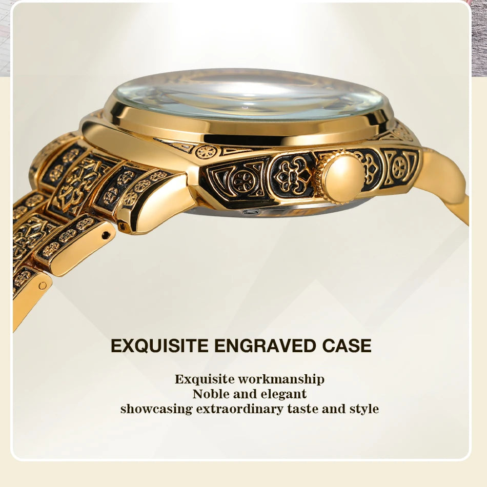 Forsining Vintage Square Skeleton Automatic Mechanical Watch for Men Engraved Case Steel Leather Strap Business Mens Watches