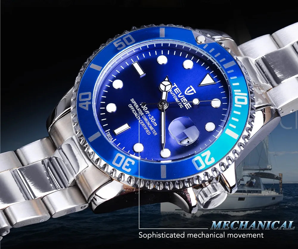 TEVISE Men's Luxury Automatic Mechanical Watch Blue Ocean Dial Stainless Steel Sport Watch, Business Casual Style with Date D