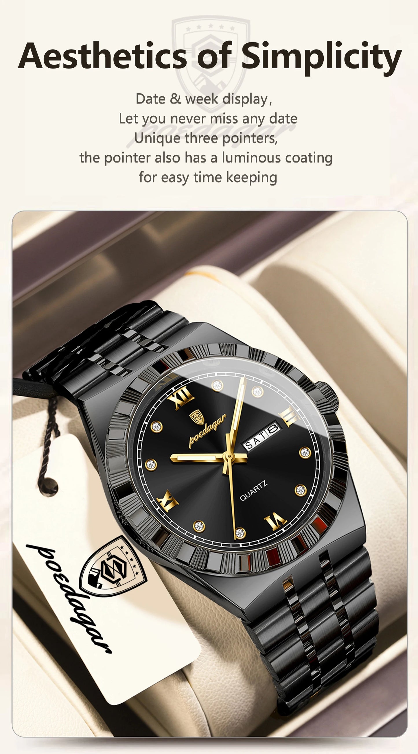 POEDAGAR Business Male Watches Waterproof Luminous Week Date Fashion Men's Wristwatch Stainless Steel Quartz Watch For Men Reloj