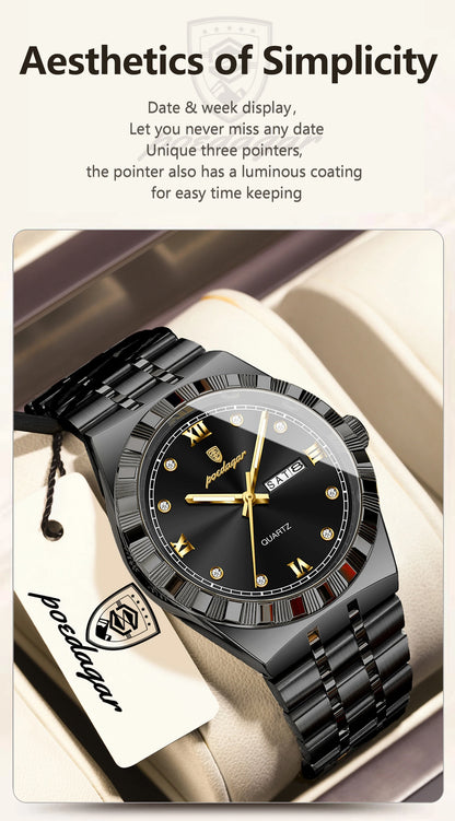 POEDAGAR Business Male Watches Waterproof Luminous Week Date Fashion Men's Wristwatch Stainless Steel Quartz Watch For Men Reloj