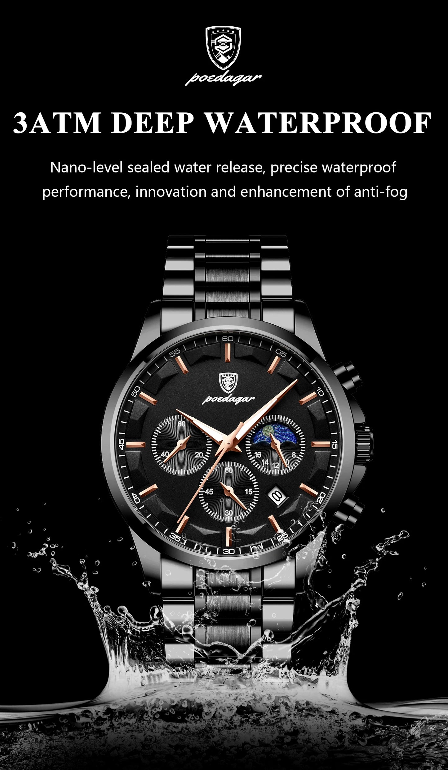 POEDAGAR Top Business Men's Watches Waterproof Luminous Stainless Steel Fashion Men Wristwatch Chronograph Date Man Quartz Watch