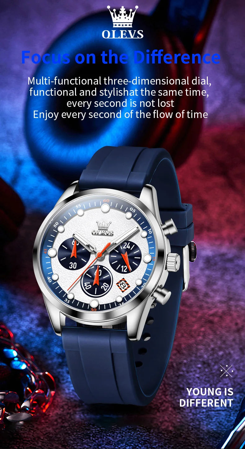OLEVS 5602 Mens Watch Original Fashion Bright Colors Silicone Strap Quartz Wristwatch Waterproof Luminous Reloj Chronograph Date