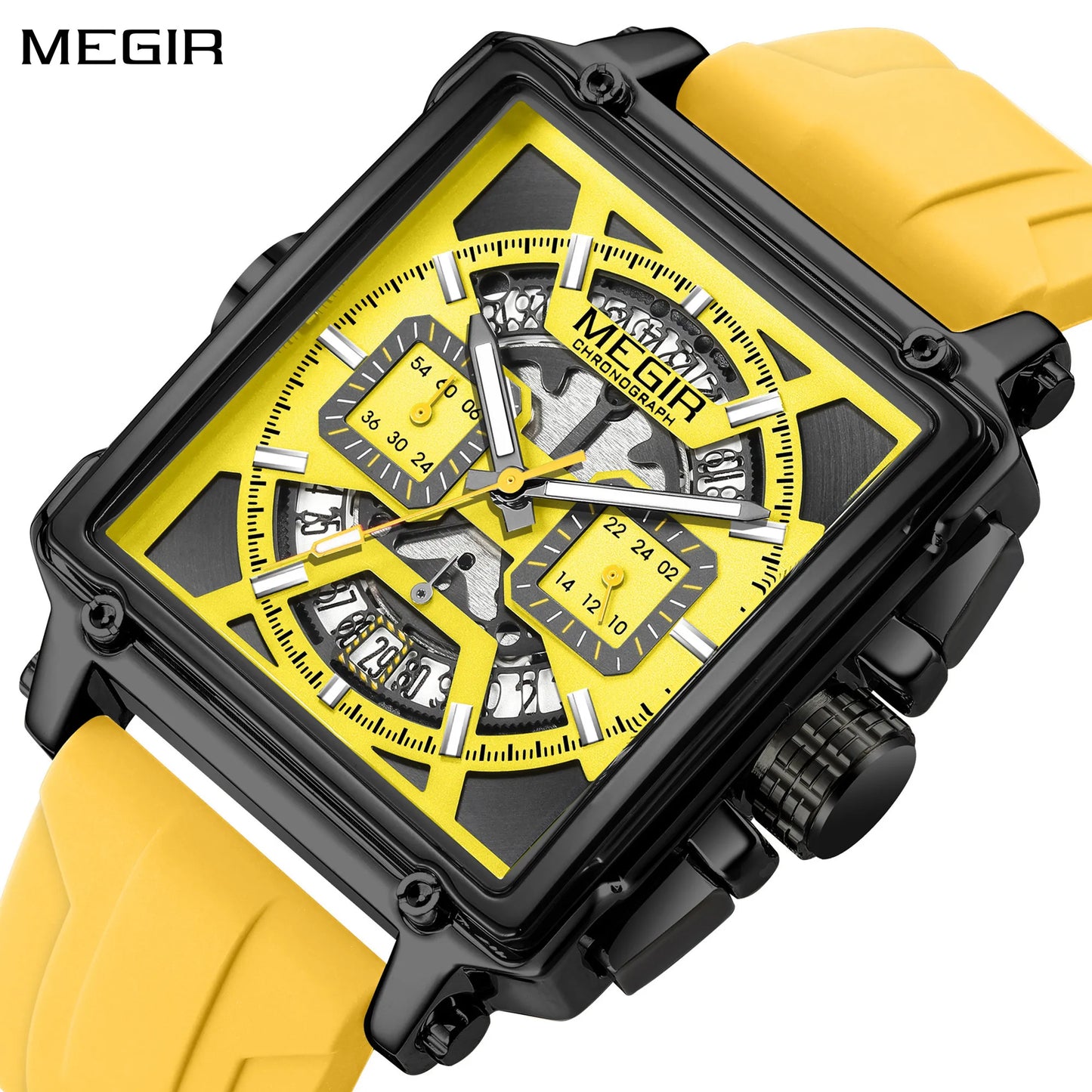 MEGIR Sport Watches for Men Waterproof Quartz Military Wristwatches Square Dial Male Chronograph Watch 24-hour Reloj Hombre 2233