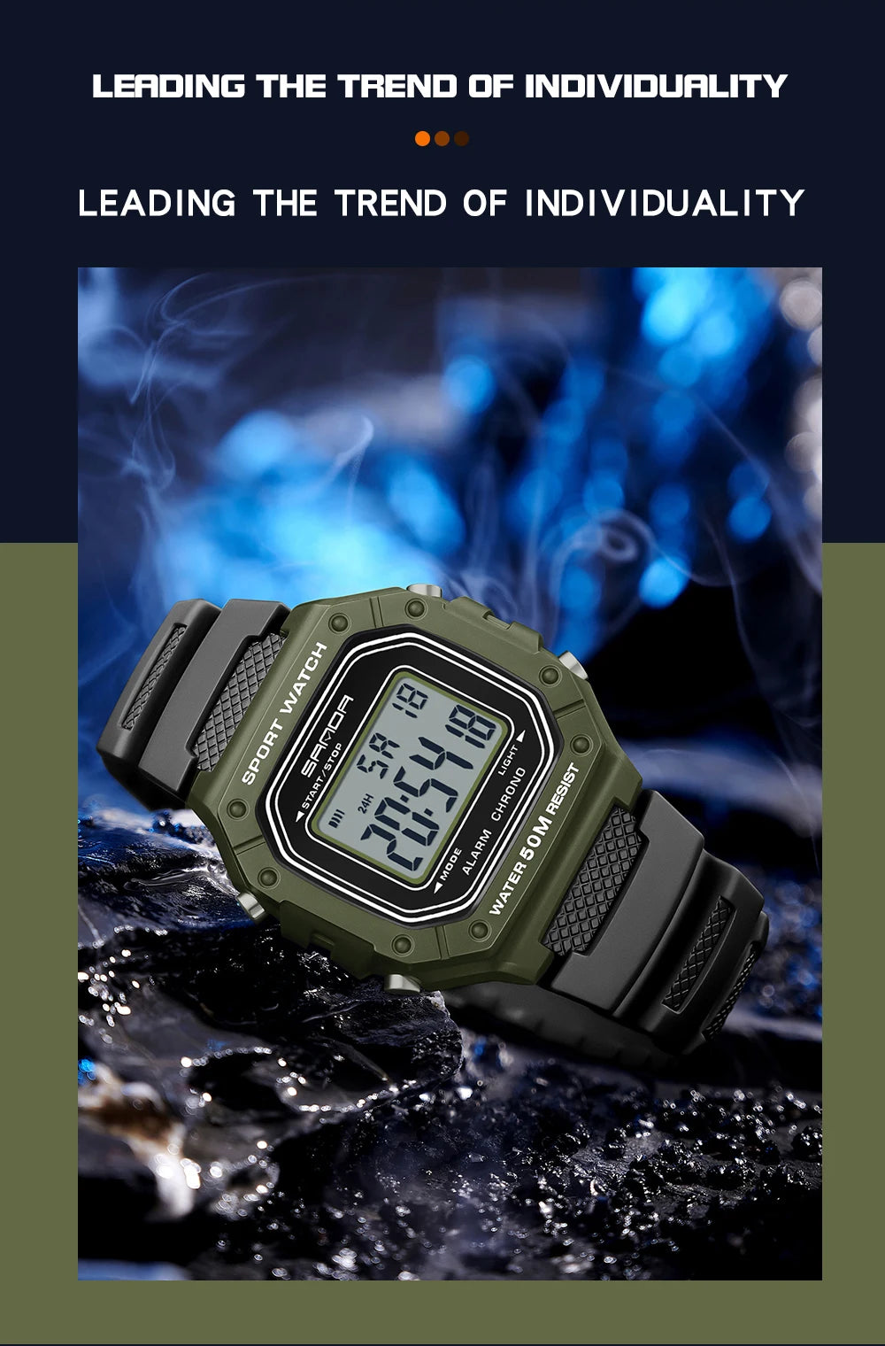 SANDA Fashion 2156 Men's Electronic Watch Movement Rectangular Sports Waterproof LED Display Screen Dial Men's Electronic Watch