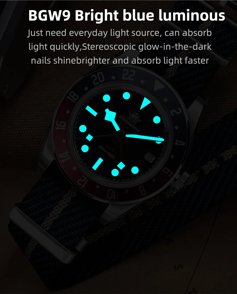 ADDIESDIVE TOP Quartz Watches 20Bar Diving BGW9 Super LuminousSwiss Ronda 515-24H GMT Watch Men's Watch relogios masculino