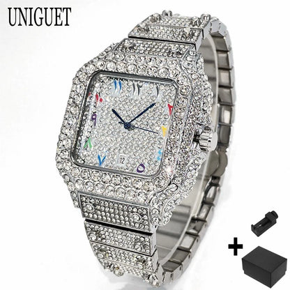 2026 New Luxury Diamond Watch Men Fashion Iced Out Square Colorful Number Watches Hip Hop Bling Jewelry Reloj Hombre for Gift