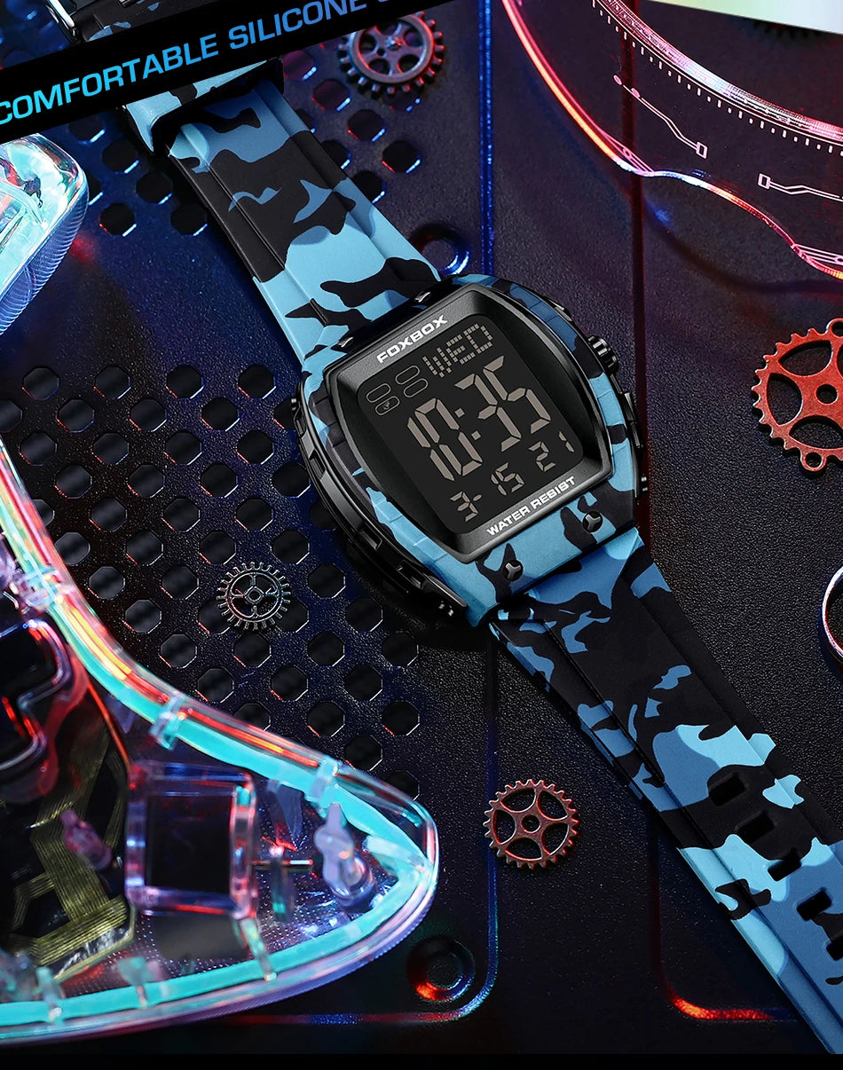 FOXBOX Military Watches For Men Fashion Square Waterproof Luminous Sports Men's Watch LED Electronic Wristwatch Reloj Hombre+BOX