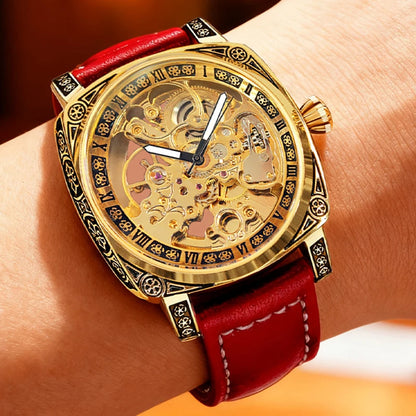 A men's yellow and red casual fashion mechanical watch with finely embossed PU leather