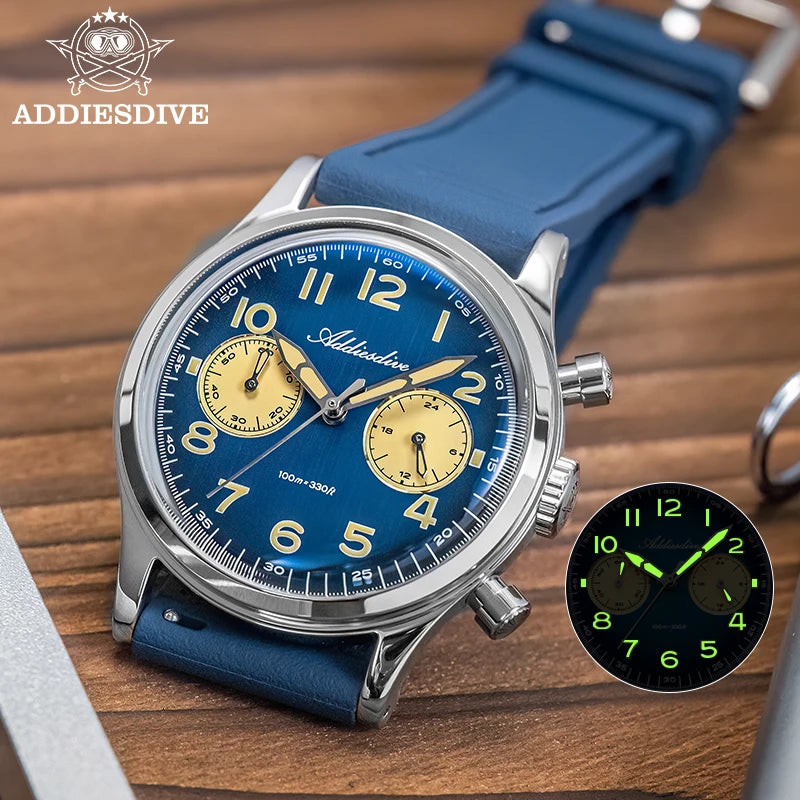 ADDIESDIVE Top Brand Man Watch 10Bar Waterproof AD2516 Super Luminous Bubble Mirror Glass VK64 Chronograph Quartz Steel Watch