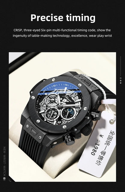 CHENXI Men's Fashion Silicone Chronograph Watch Multifunctional Cool Luminous Quartz Starry Lunar Phases Sport Wristwatch