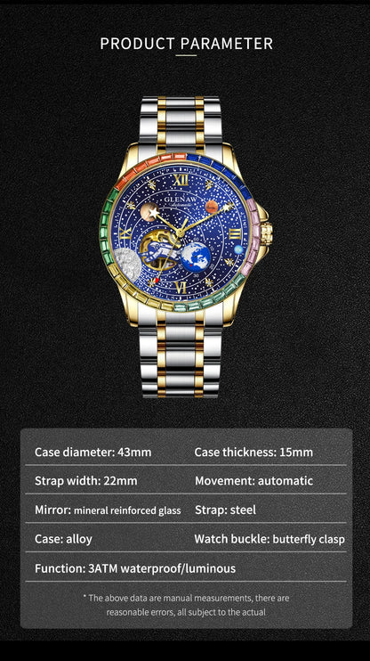 New GLENAW Rotating Earth Mechanical Watch Men Space astronaut dial Night Light Waterproof Stainless Steel Strap Automatic Watch