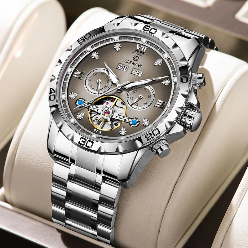 GLENAW NEW Year Month Sunday Multi-functional Mechanical Watch Men luxury Stainless Steel Waterproof Automatic watch steel strip