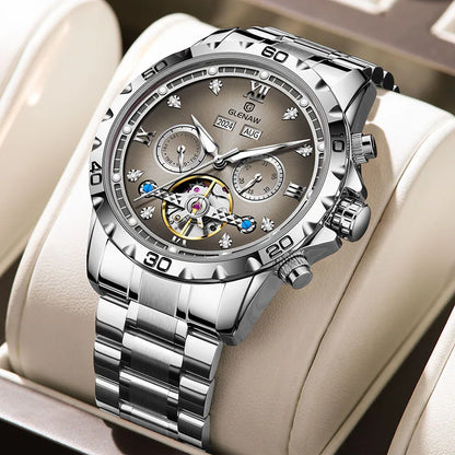 GLENAW NEW Year Month Sunday Multi-functional Mechanical Watch Men luxury Stainless Steel Waterproof Automatic watch steel strip