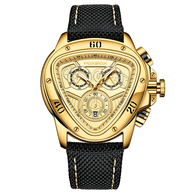 FOXBOX Fashion Luxury Quartz Man Watch Creative Big Dial Chronograph Date Nylon Strap Casual Sport Triangle Men's Watches Clocks