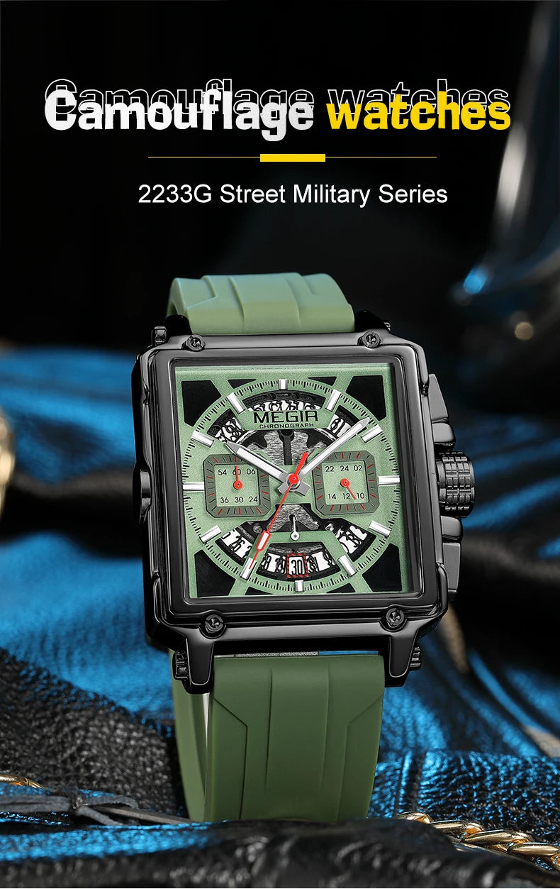 MEGIR Sport Watches for Men Waterproof Quartz Military Wristwatches Square Dial Male Chronograph Watch 24-hour Reloj Hombre 2233