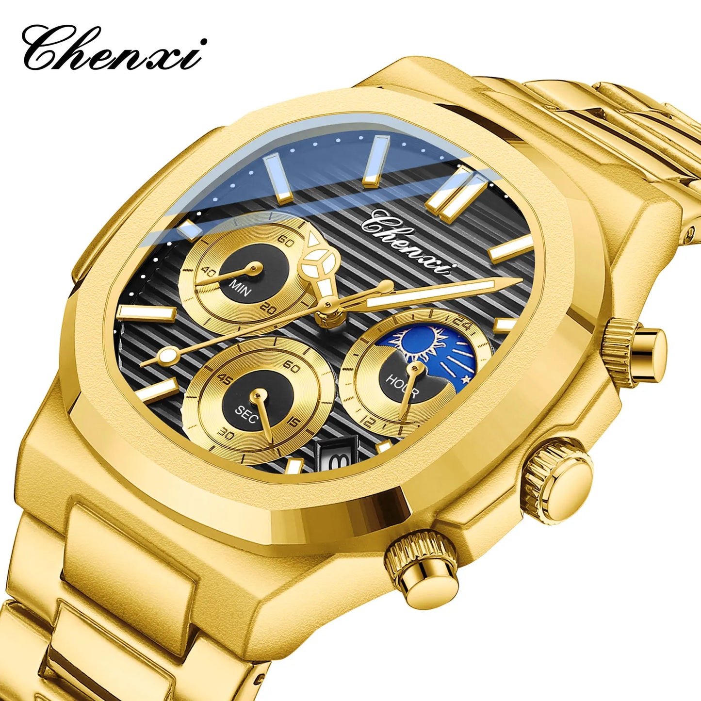 CHENXI Luxury Business Multifunctional Men's Watches Waterproof Chronograph Moonphase Stainless Steel Men's Quartz Watch Casual