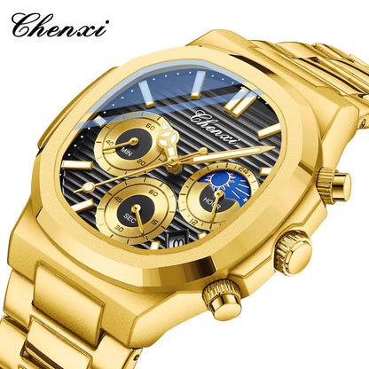 CHENXI Luxury Business Multifunctional Men's Watches Waterproof Chronograph Moonphase Stainless Steel Men's Quartz Watch Casual