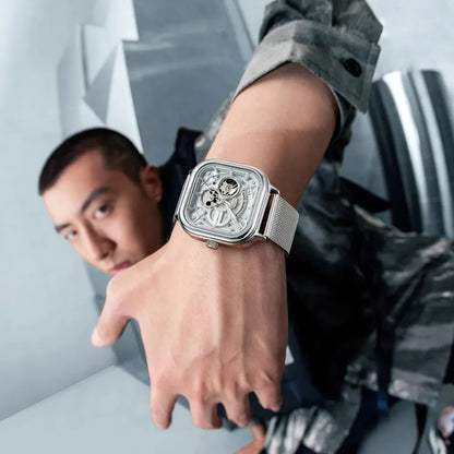 Mark Fairwhale 6014 Men's Automatic Movement Mechanical Watch Square Dial Stainless Steel Waterproof Mesh Strap Watches for Men