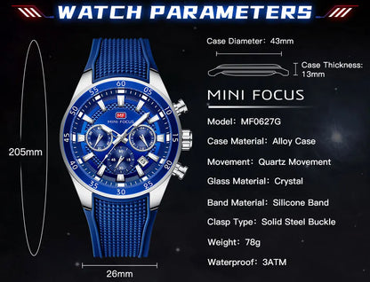 2026 New MINI FOCUS Men's Sports Quartz Watch Casual Analog Wrist Watch with Luminous Hands Silicone Strap Date Water Resistant