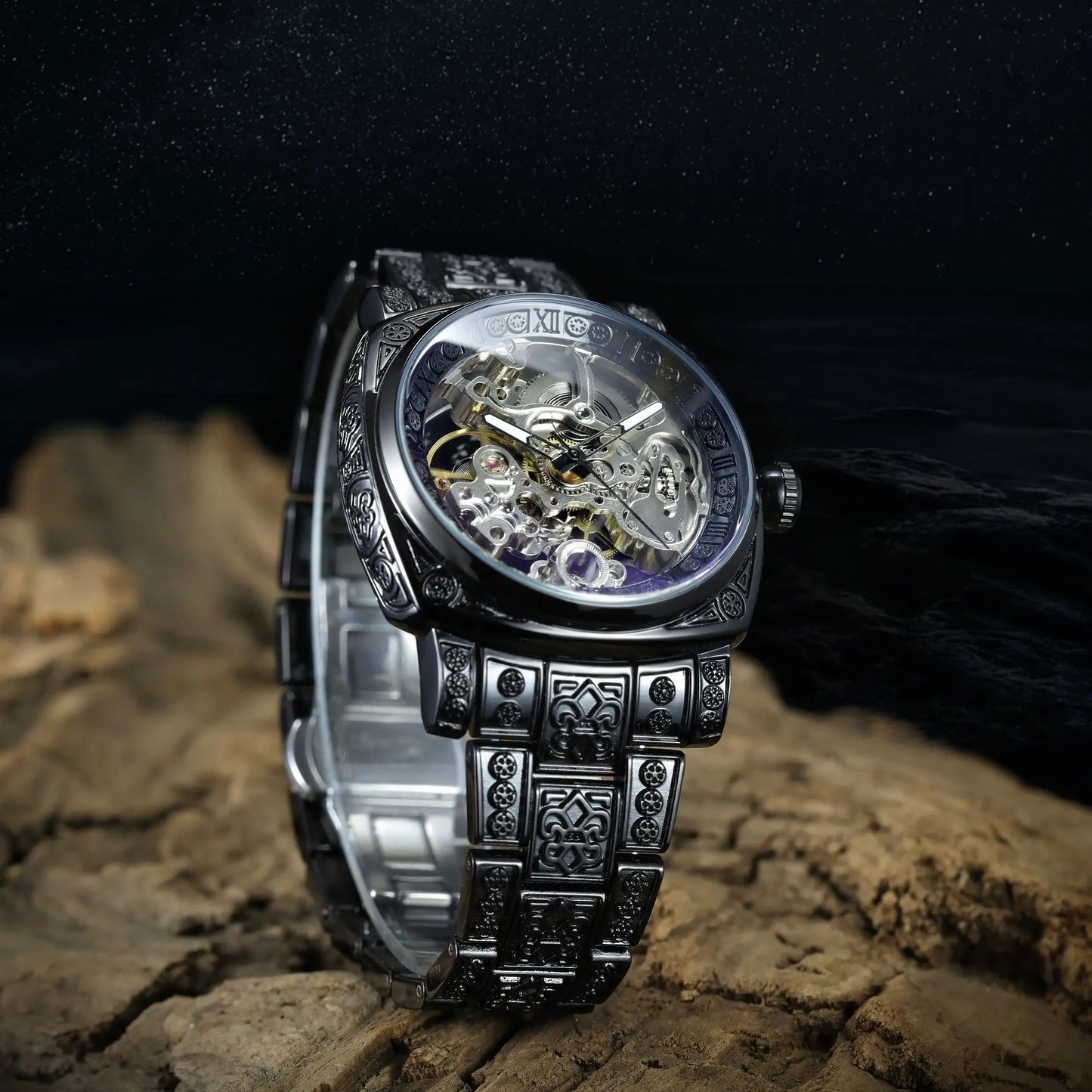 Forsining Gold Square Skeleton Automatic Mechanical Watches Engraved Design Luminous Hands Stainless Steel Strap Retro Men Watch