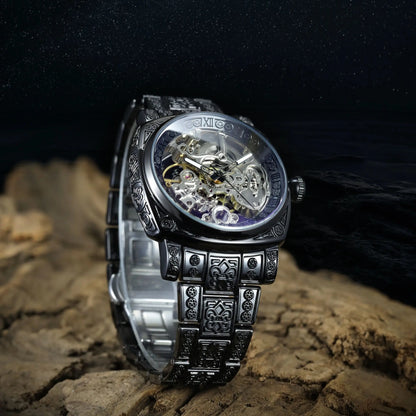 Forsining Gold Square Skeleton Automatic Mechanical Watches Engraved Design Luminous Hands Stainless Steel Strap Retro Men Watch