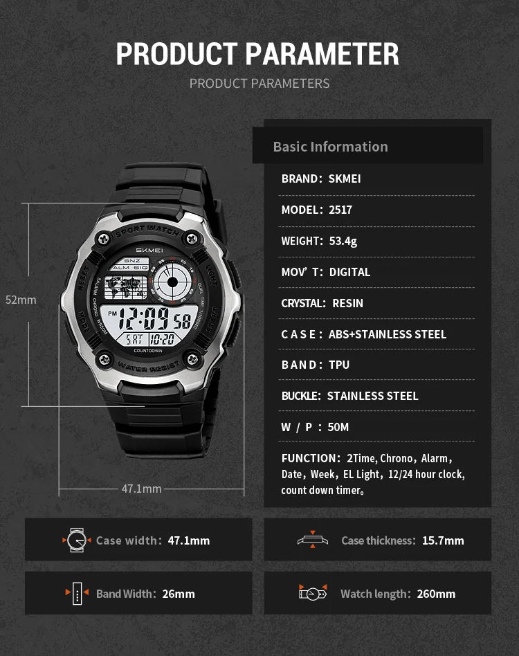 SKMEI 2517 Fashion Multifunction Electronic Watches for Man Alarm Clock Students Wristwatch Waterproof Casual Men Digital Watch