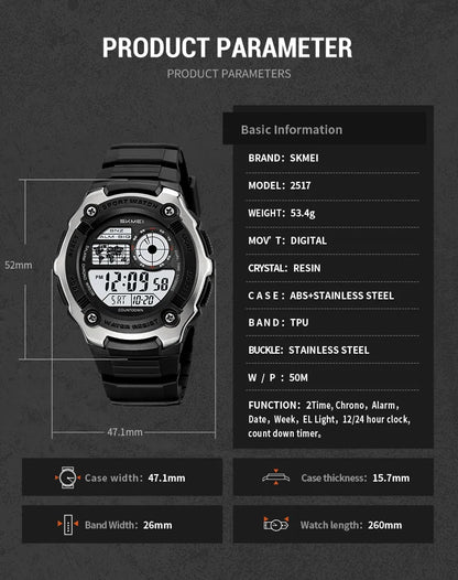 SKMEI 2517 Fashion Multifunction Electronic Watches for Man Alarm Clock Students Wristwatch Waterproof Casual Men Digital Watch