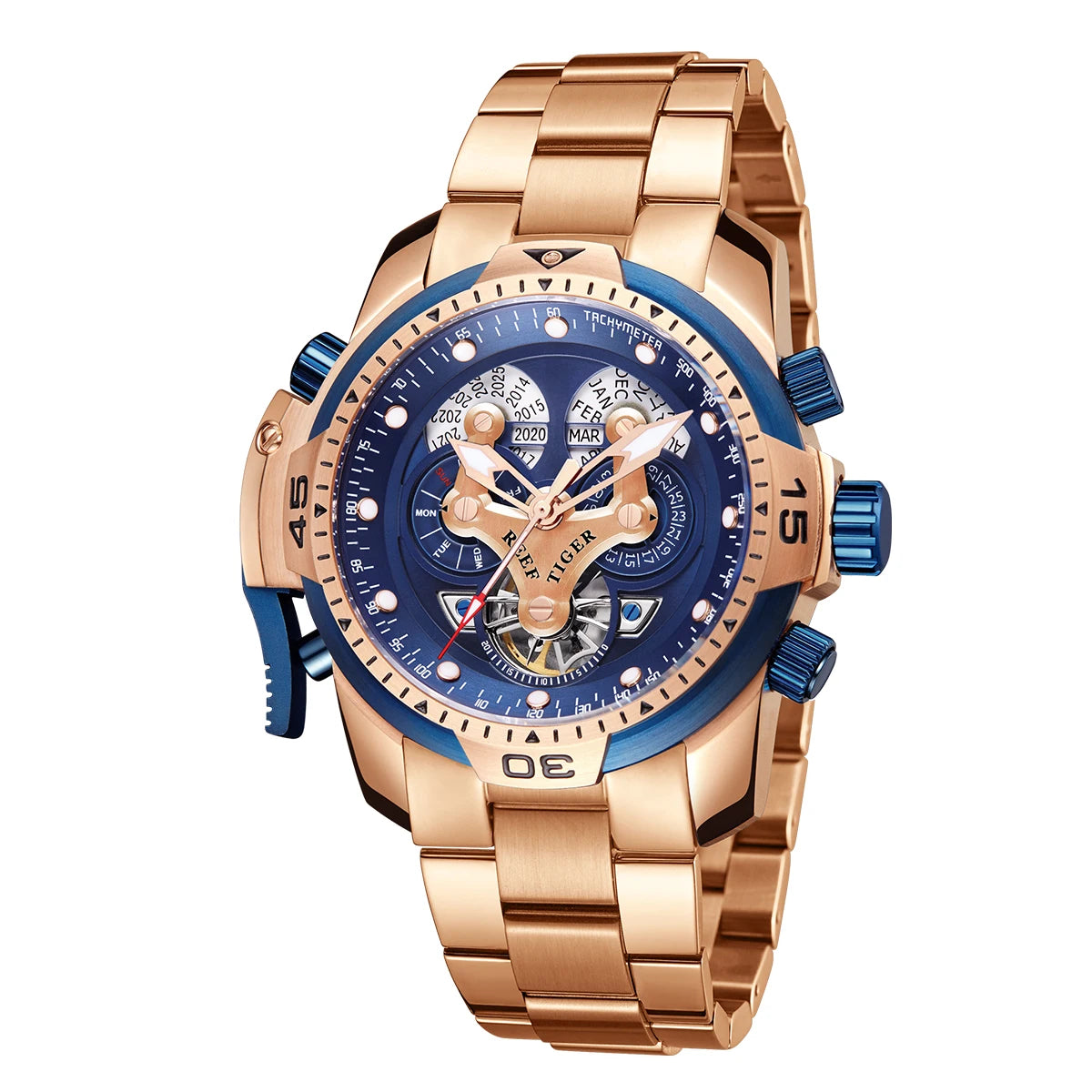 Reef Tiger/RT Designer Stainless Steel Completed Calendar Automatic Watch Men Date Rose Gold Bracelet Mechanical Watches RGA3503