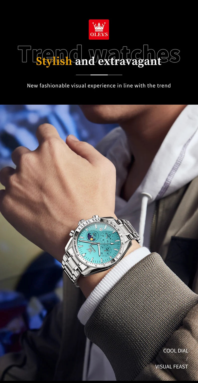 OLEVS Original Quartz Man Watch Stainless Steel Moon Phase Waterproof Chronograph Men's Wristwatches Auto Date Hand Clock 3618