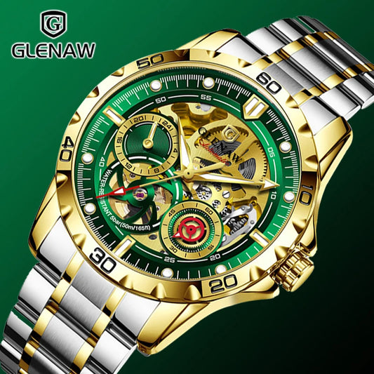 2025 New GLENAW Design Luxury Mechanical Watch Men Stainless Steel Strap Night Light 24-hour Display Waterproof Automatic Watch