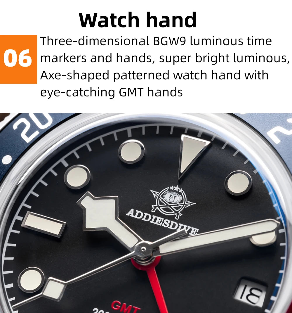 ADDIESDIVE TOP Quartz Watches 20Bar Diving BGW9 Super LuminousSwiss Ronda 515-24H GMT Watch Men's Watch relogios masculino