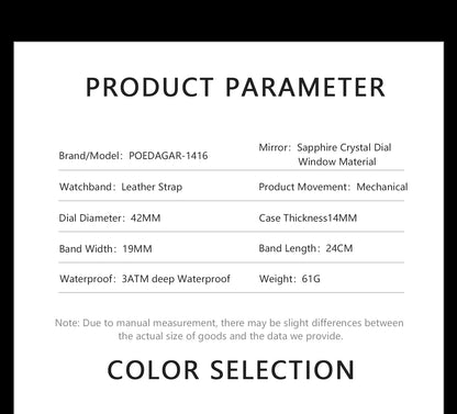 POEDAGAR Military Sport Man Watch Waterproof Luminous Hollow Tourbillon Men Clock Automatic Mechanical Leather Men's Watches+Box