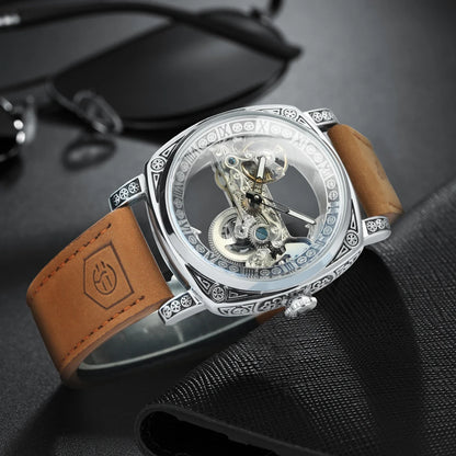 Forsining Vintage Square Skeleton Automatic Mechanical Watch for Men Engraved Case Steel Leather Strap Business Mens Watches
