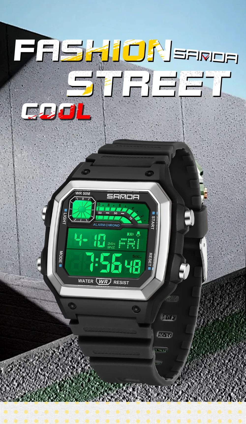 SANDA 6196 Student Electronic Watch Night Light Waterproof Sports Men's Lightweight Square Luxury Classic  Electronic Watch