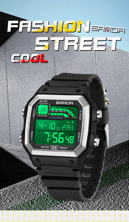 SANDA 6196 Student Electronic Watch Night Light Waterproof Sports Men's Lightweight Square Luxury Classic  Electronic Watch