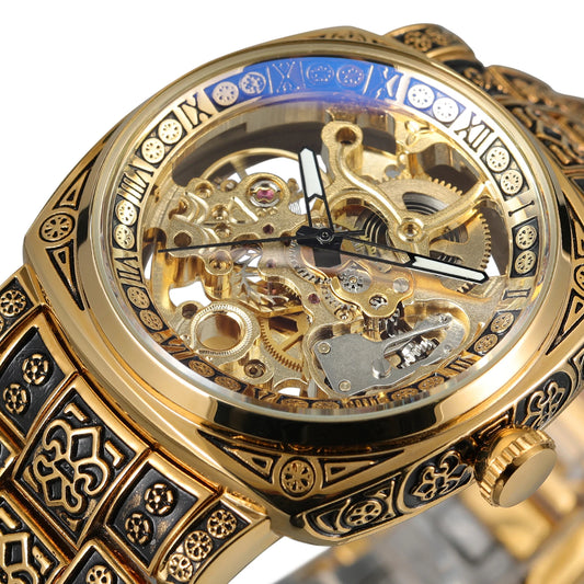 Forsining Gold Square Skeleton Automatic Mechanical Watches Engraved Design Luminous Hands Stainless Steel Strap Retro Men Watch