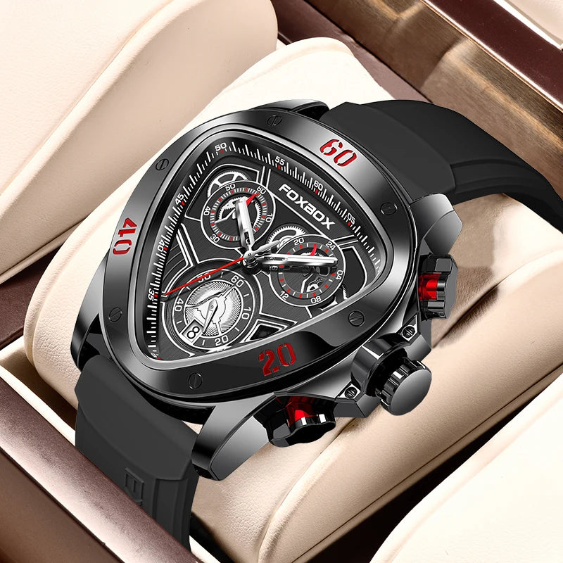FOXBOX Fashion Luxury Quartz Man Watch Creative Big Dial Chronograph Date Nylon Strap Casual Sport Triangle Men's Watches Clocks