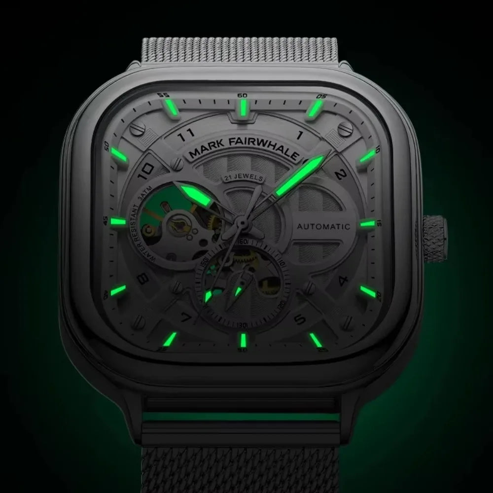 Mark Fairwhale 6014 Men's Automatic Movement Mechanical Watch Square Dial Stainless Steel Waterproof Mesh Strap Watches for Men